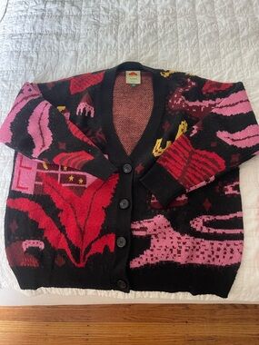 FARM Rio Black Cardigan with Pink, Red & Yellow Abstract Motifs